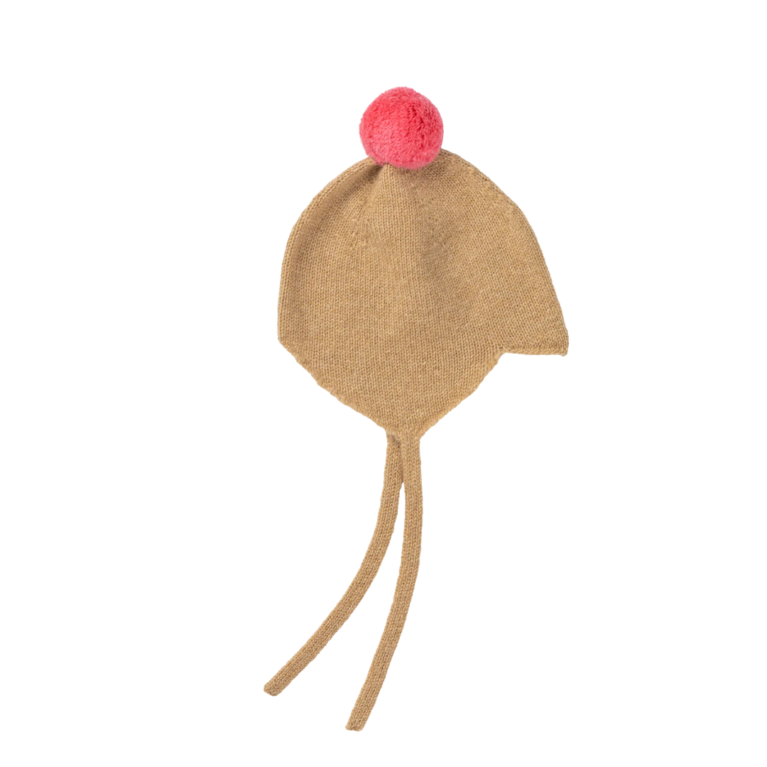 Rosie Sugden kasjmier strikmutsje met pom-pom - Camel / Blusher