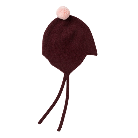 Rosie Sugden kasjmier strikmutsje met pom-pom - Kirsch / Marshmallow