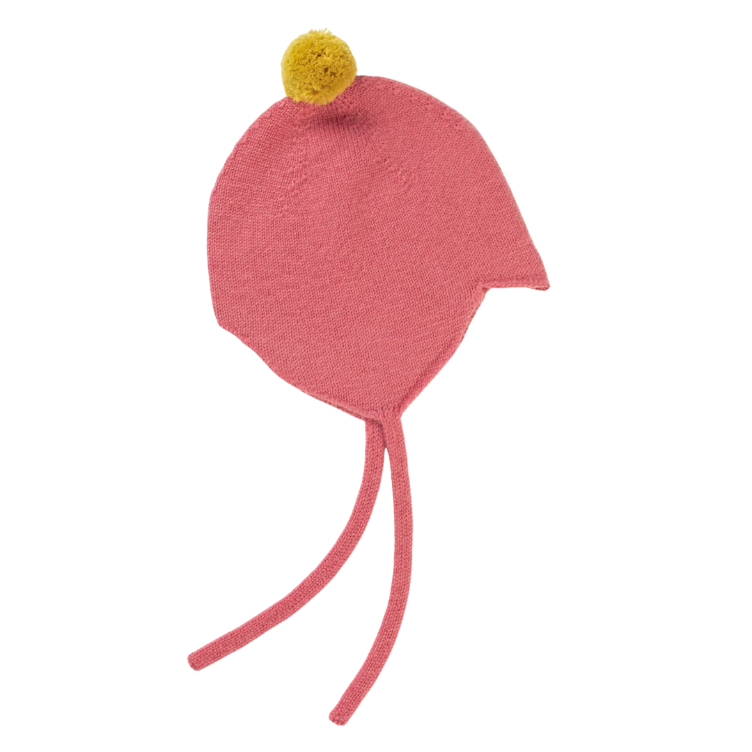 Rosie Sugden kasjmier strikmutsje met pom-pom - Venetian Pink / Gold Dust