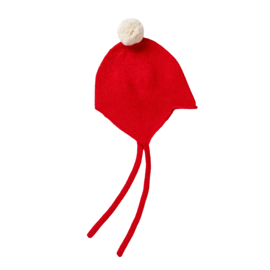 Rosie Sugden kasjmier strikmutsje met pom-pom - Festive Red / White