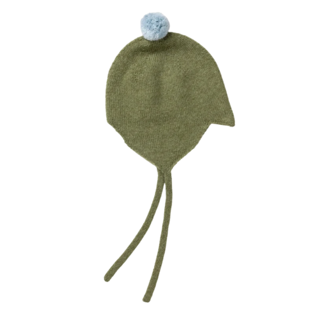 Rosie Sugden kasjmier strikmutsje met pom-pom - Ivy / Blue Mist